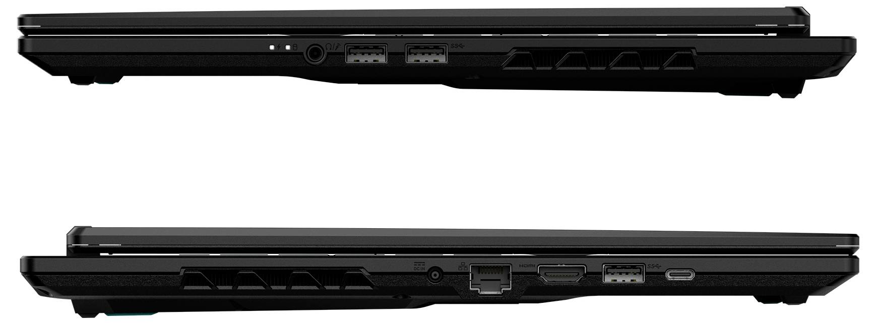 Zwei Seitenansichten eines schwarzen Laptops, die das geschlossene Gehäuse, die Vorderkante und die hinteren Anschlüsse zeigen, einschließlich USB- und Ethernet-Verbindungen.