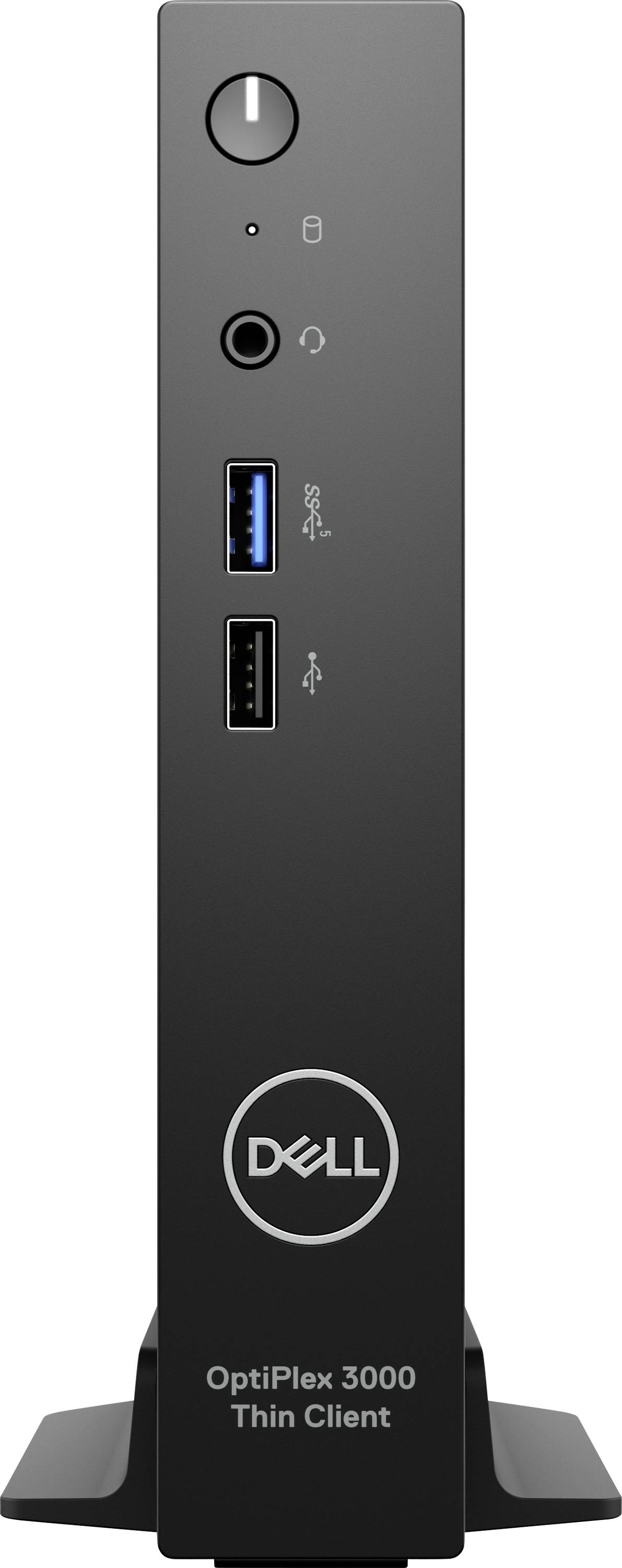 Frontansicht eines Dell OptiPlex 3000 Thin Client, zeigt den Netzschalter, zwei USB-Anschlüsse, die Kopfhörerbuchse und das Dell-Logo.