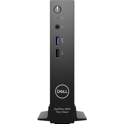 Frontansicht eines Dell OptiPlex 3000 Thin Client, zeigt den Netzschalter, zwei USB-Anschlüsse, die Kopfhörerbuchse und das Dell-Logo.