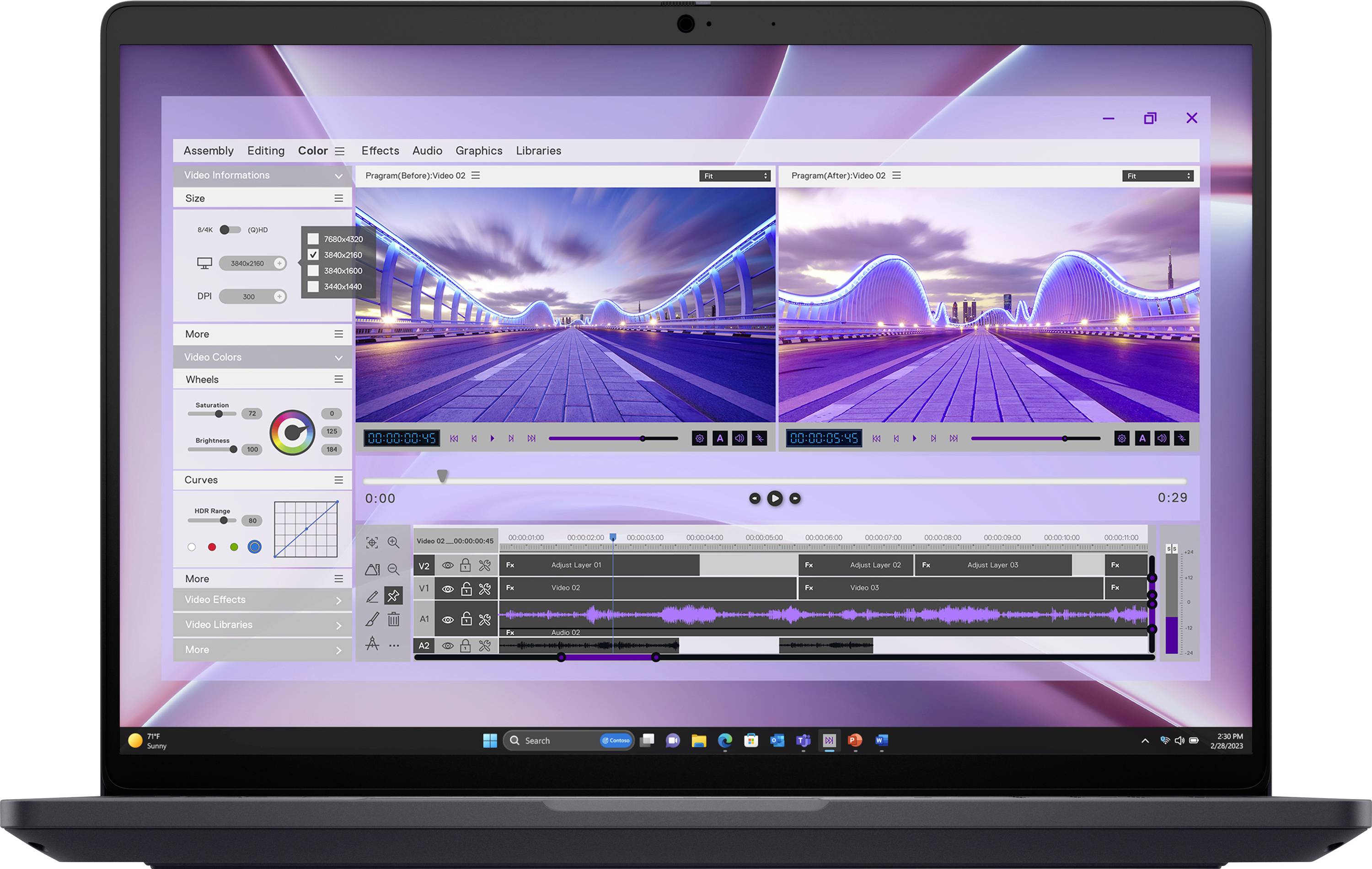 „Laptop mit Videoschnitt-Software, auf dem zwei Vorschaufenster eine futuristische Brücke zeigen, eine Zeitleiste unten und Farbkorrektur-Werkzeuge auf der Seite."
