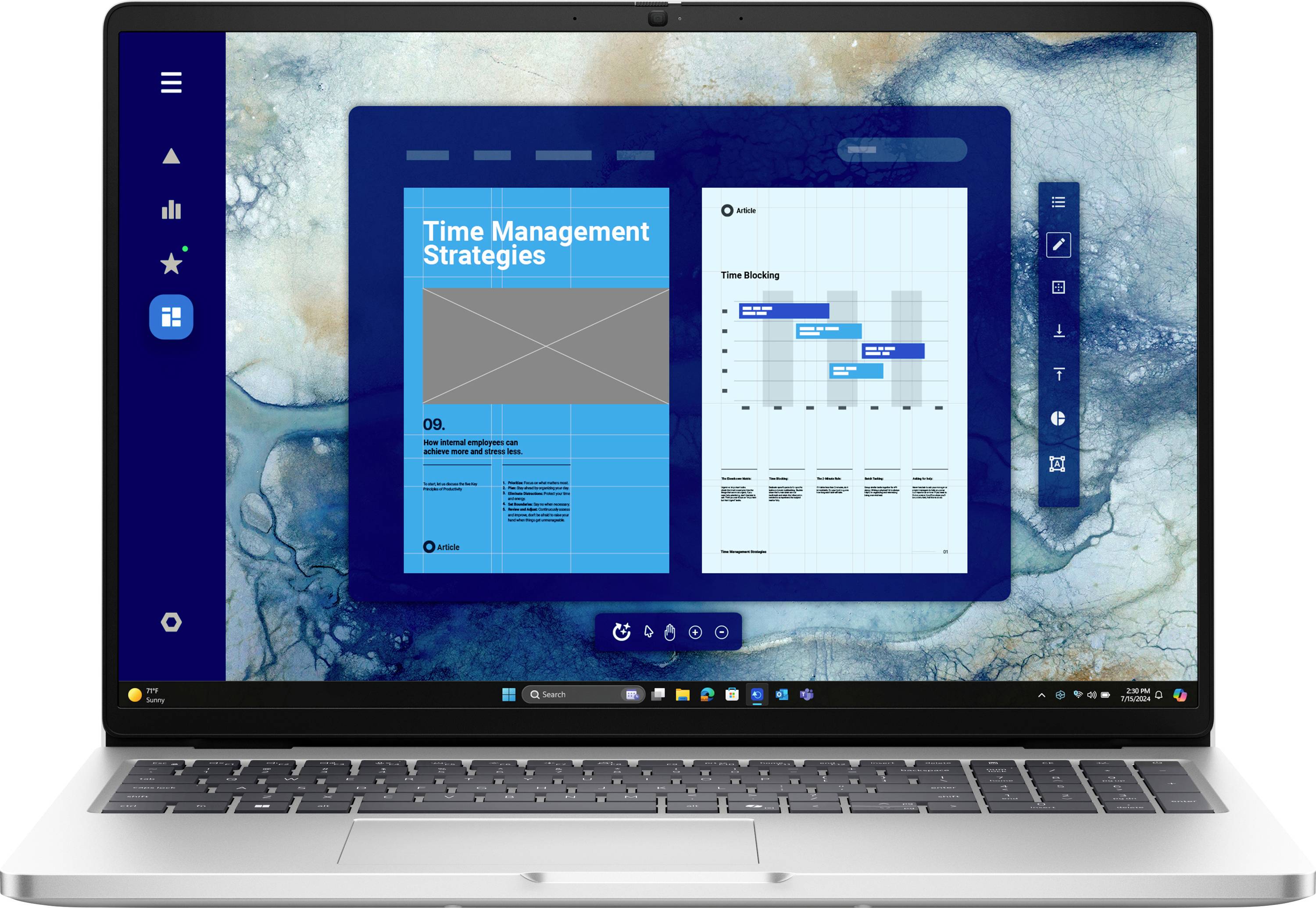 Ein Laptop-Bildschirm zeigt ein digitales Dokument mit dem Titel „Zeitmanagement-Strategien" und enthält ein Diagramm, das Zeitblockierungstechniken veranschaulicht.