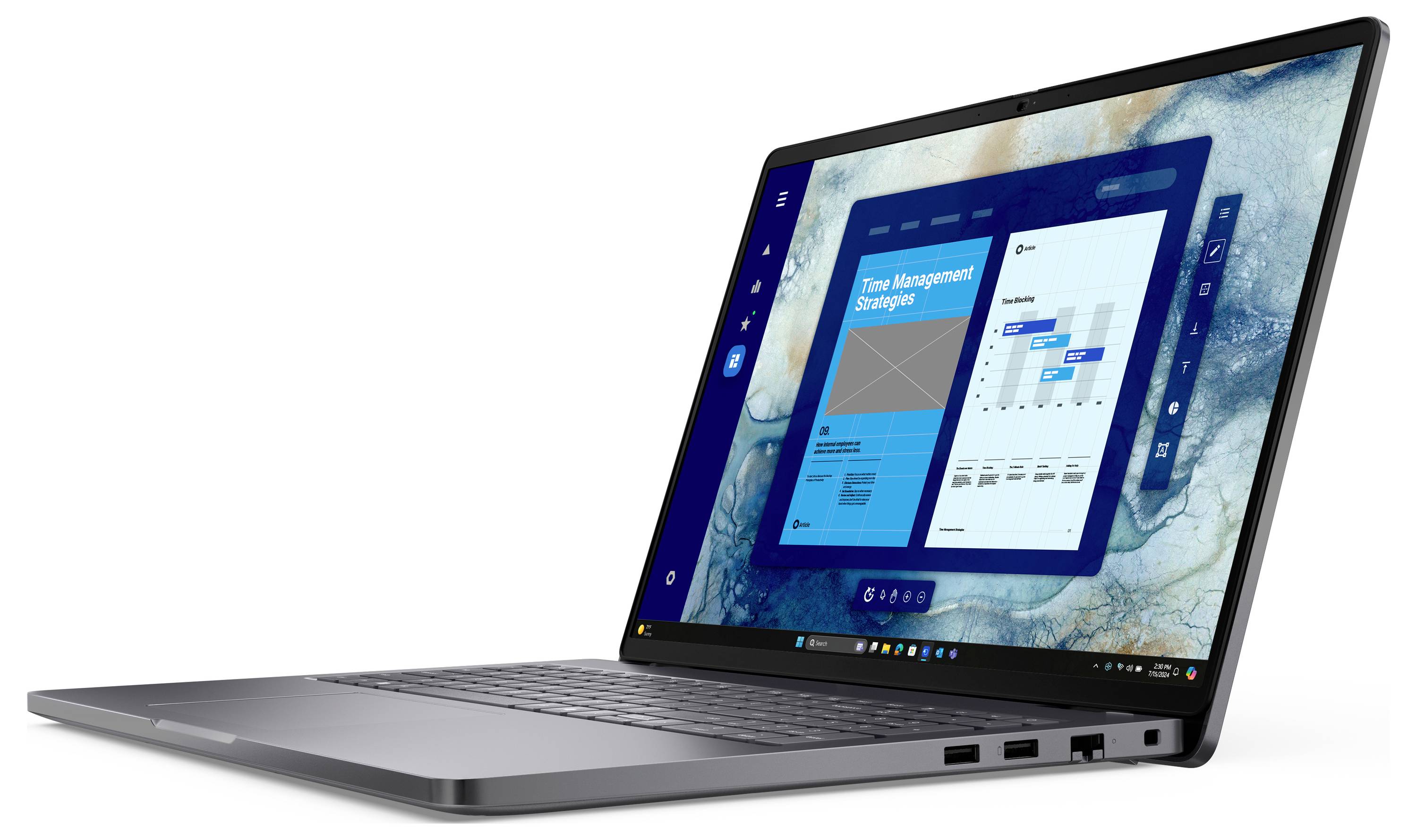Ein schlankes, offenes Laptop-Display zeigt eine Zeitmanagement-App-Oberfläche mit Grafiken und Zeitplänen auf dem Bildschirm, vor einem Marmor-Oberflächenhintergrund.