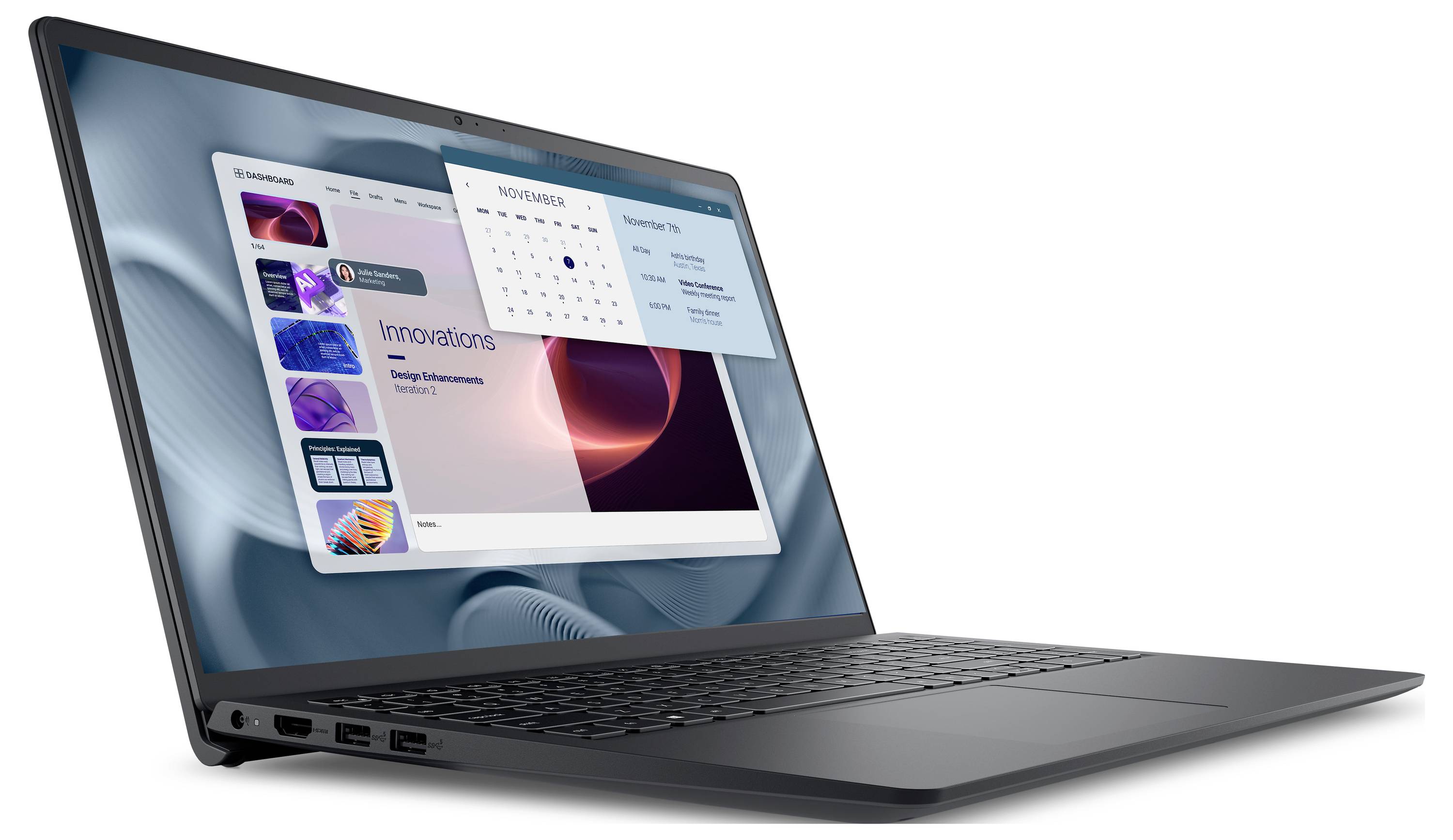 Ein eleganter Laptop mit einer geöffneten Kalender-App auf dem Bildschirm, die den Monat November anzeigt, neben einer digitalen Präsentation mit dem Titel „Innovationen".