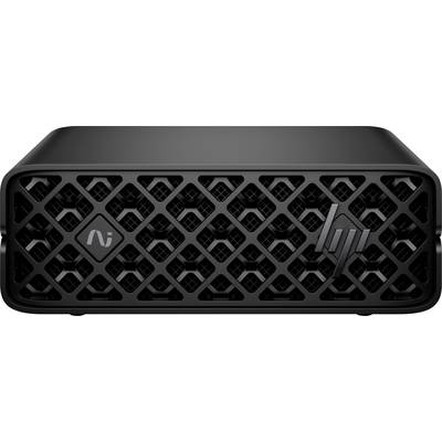 Ein schwarzer Mini-Desktop-Computer mit einer Gitterstruktur-Frontplatte, die zwei Logos in den oberen Ecken aufweist.