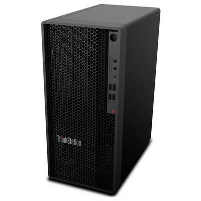 Schwarzer Lenovo ThinkStation Tower-Desktop mit vorderer Wabengitterblende, vorderer Stromschalter, Audio-/USB-Anschlüssen und ThinkStation-Logo.