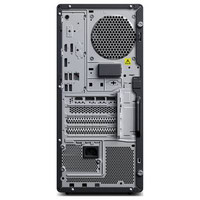Rückansicht eines Desktop-Computer-Gehäuses mit Lüftungsgittern, Erweiterungssteckplätzen, hinteren Anschlüssen und Stromversorgungsbereich.
