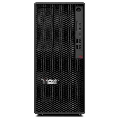 Vorderansicht eines Lenovo ThinkStation P Series Desktop-Turms mit sechseckigem Gitter, Ein-/Ausschalter, USB-Anschlüssen und Logo.