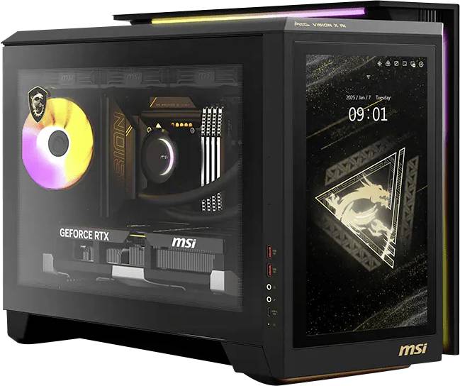 MSI-Gaming-PC-Gehäuse mit RGB-beleuchteten internen Komponenten und einem seitlichen Touchscreen, der eine Drachengrafik und die Uhrzeit 09:01 anzeigt.