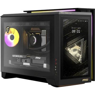 MSI-Gaming-PC-Gehäuse mit RGB-beleuchteten internen Komponenten und einem seitlichen Touchscreen, der eine Drachengrafik und die Uhrzeit 09:01 anzeigt.