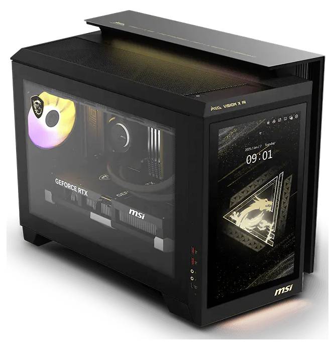Schwarzer MSI-Desktop-PC-Turm mit gehärteten Glaspanelen, RGB-beleuchteten Lüftern und einem Frontdisplay mit der Uhrzeit 09:01 und drachenthematischen Grafiken.