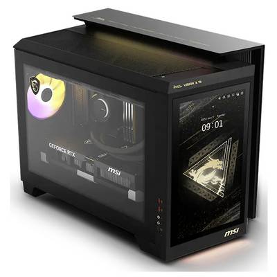 Schwarzer MSI-Desktop-PC-Turm mit gehärteten Glaspanelen, RGB-beleuchteten Lüftern und einem Frontdisplay mit der Uhrzeit 09:01 und drachenthematischen Grafiken.