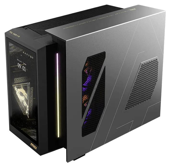 MSI Gaming-Desktop-PC-Gehäuse mit Glasseitenpanel, RGB-Frontlichtleiste und sichtbaren internen beleuchteten Lüftern.