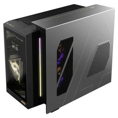 MSI Gaming-Desktop-PC-Gehäuse mit Glasseitenpanel, RGB-Frontlichtleiste und sichtbaren internen beleuchteten Lüftern.