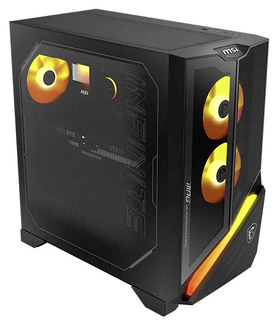 Schwarzer MSI Desktop-PC-Turm mit transparentem Seitenpanel, leuchtenden orangefarbenen Lüftern und eckiger RGB-Beleuchtung auf der Vorderseite.