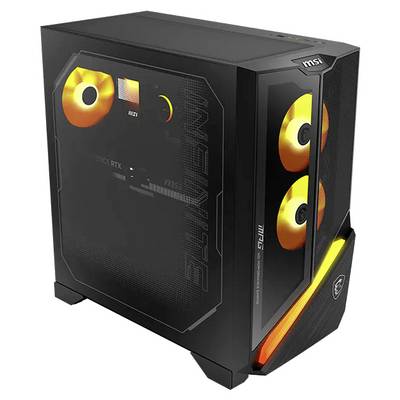 Schwarzer MSI Desktop-PC-Turm mit transparentem Seitenpanel, leuchtenden orangefarbenen Lüftern und eckiger RGB-Beleuchtung auf der Vorderseite.