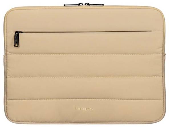 Eine beige gepolsterte Laptop-Schutzhülle mit einer Reißverschlusstasche auf der Vorderseite, die zum Schutz und zur Aufbewahrung konzipiert ist.