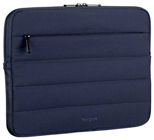 Eine blaue Laptop-Schutzhülle mit einer Reißverschlusstasche auf der Vorderseite und dem "Targus"-Logo am unteren Ende.