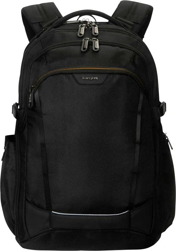 Ein schwarzer Rucksack mit mehreren Fächern und Seitentaschen, konzipiert zum Transportieren von Büchern, Laptops und anderen Essentials.
