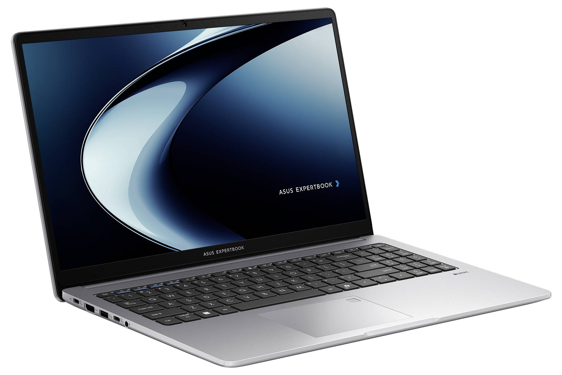 Ein eleganter, silberner Laptop mit einer vollständigen Tastatur und einem großen Bildschirm, auf dem ein blau-schwarzes abstraktes Design angezeigt wird.