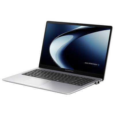 Ein elegantes silbernes ASUS-Laptop mit dunklem Bildschirm, auf dem ein geschwungenes abstraktes Design angezeigt wird, in einem Winkel fotografiert, der die Tastatur und das Trackpad hervorhebt.