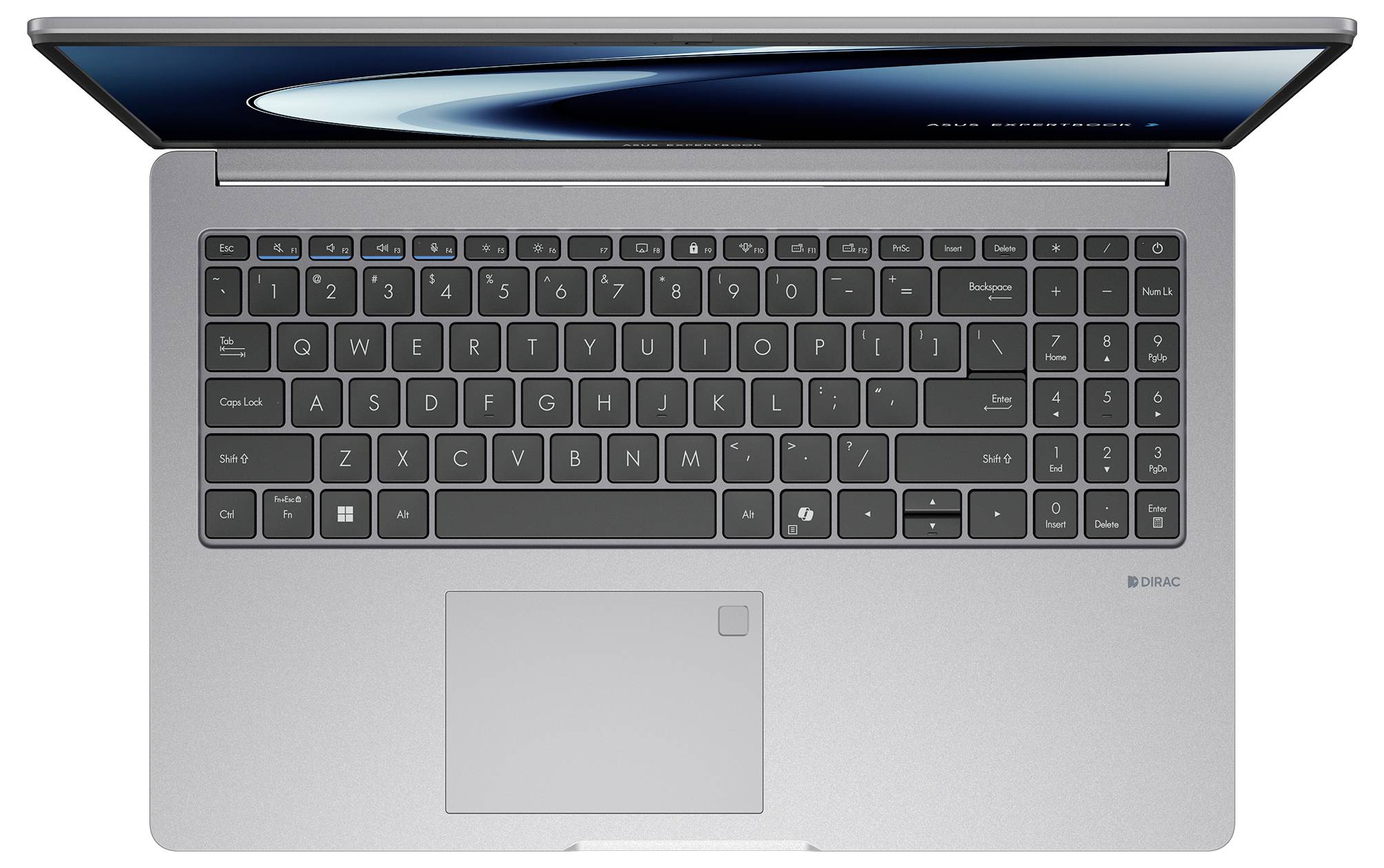 Dell-Laptop von oben betrachtet, zeigt Tastatur, Trackpad und einen Teil des geöffneten Bildschirms.