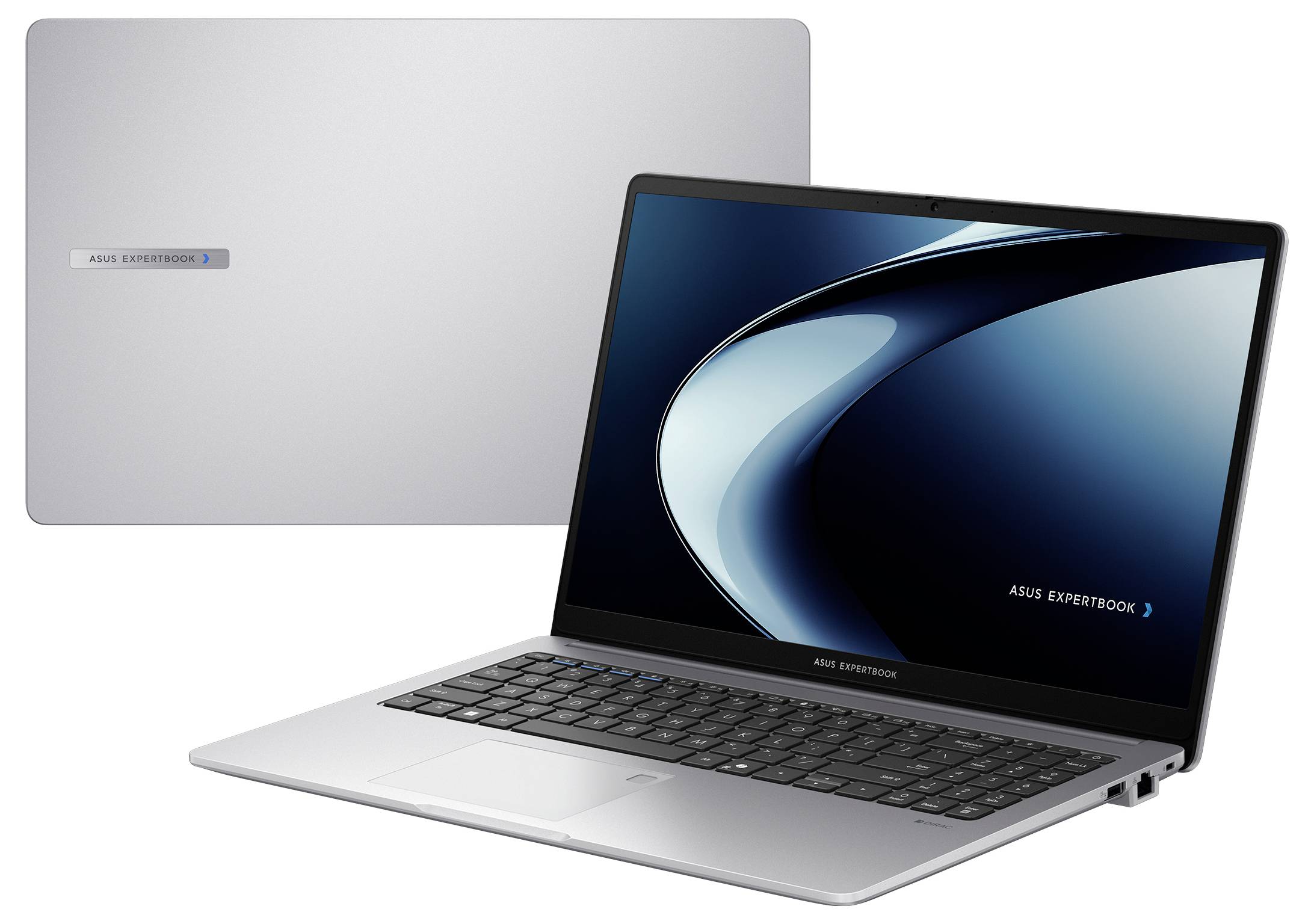 Ein schlanker, silberner ASUS ExpertBook-Laptop mit einem farbenfrohen abstrakten Design auf dem Bildschirm, das seine dünnen Einfassungen und die Tastatur zur Schau stellt.