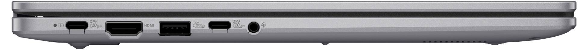 'Eine Seitenansicht eines geschlossenen Laptops mit verschiedenen Anschlüssen, einschließlich USB, HDMI, Ethernet und Audio, die die Konnektivitätsoptionen des Geräts hervorhebt.'