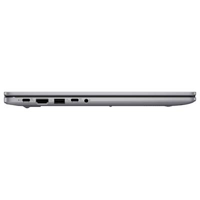 'Eine Seitenansicht eines geschlossenen Laptops mit verschiedenen Anschlüssen, einschließlich USB, HDMI, Ethernet und Audio, die die Konnektivitätsoptionen des Geräts hervorhebt.'