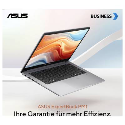 Ein eleganter Laptop mit farbenfrohem Bildschirm, präsentiert in einer ASUS-Anzeige mit dem Titel „Ihre Garantie für mehr Effizienz", die das ExpertBook PM1 bewirbt.