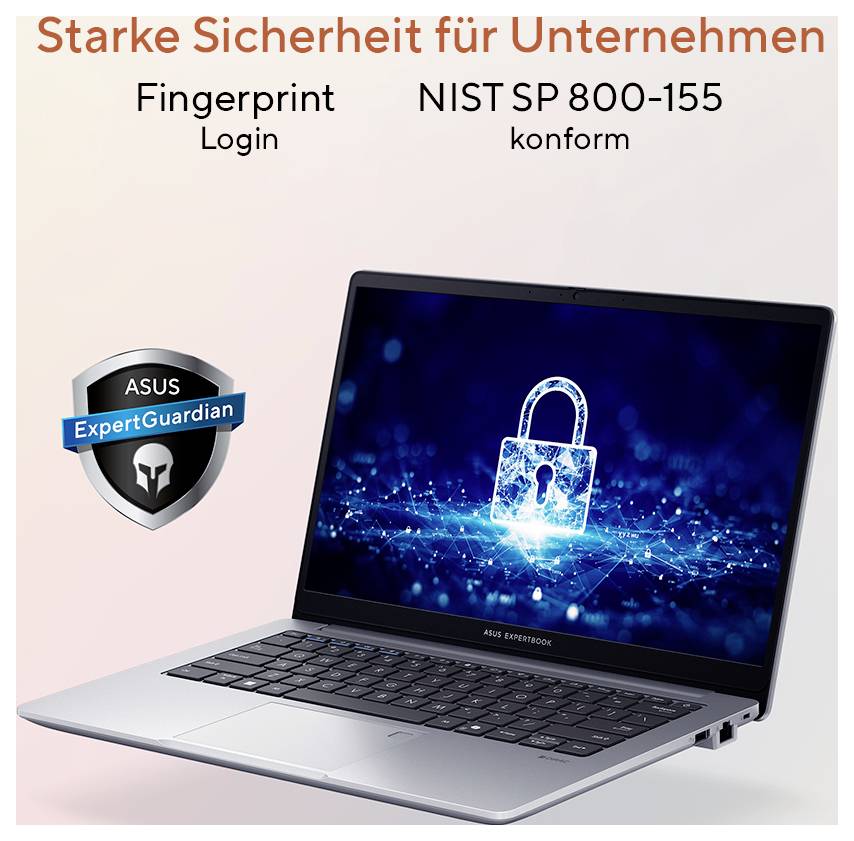 Ein Laptop mit einem digitalen Schloss auf dem Bildschirm symbolisiert Sicherheit. Text: „Starke Sicherheit für Unternehmen", „Fingerprint-Anmeldung", „Konform mit NIST SP 800-155". ASUS ExpertGuardian-Badge wird angezeigt.