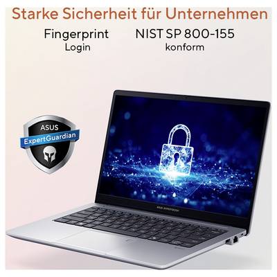 Ein Laptop mit einem digitalen Schloss auf dem Bildschirm symbolisiert Sicherheit. Text: „Starke Sicherheit für Unternehmen", „Fingerprint-Anmeldung", „Konform mit NIST SP 800-155". ASUS ExpertGuardian-Badge wird angezeigt.