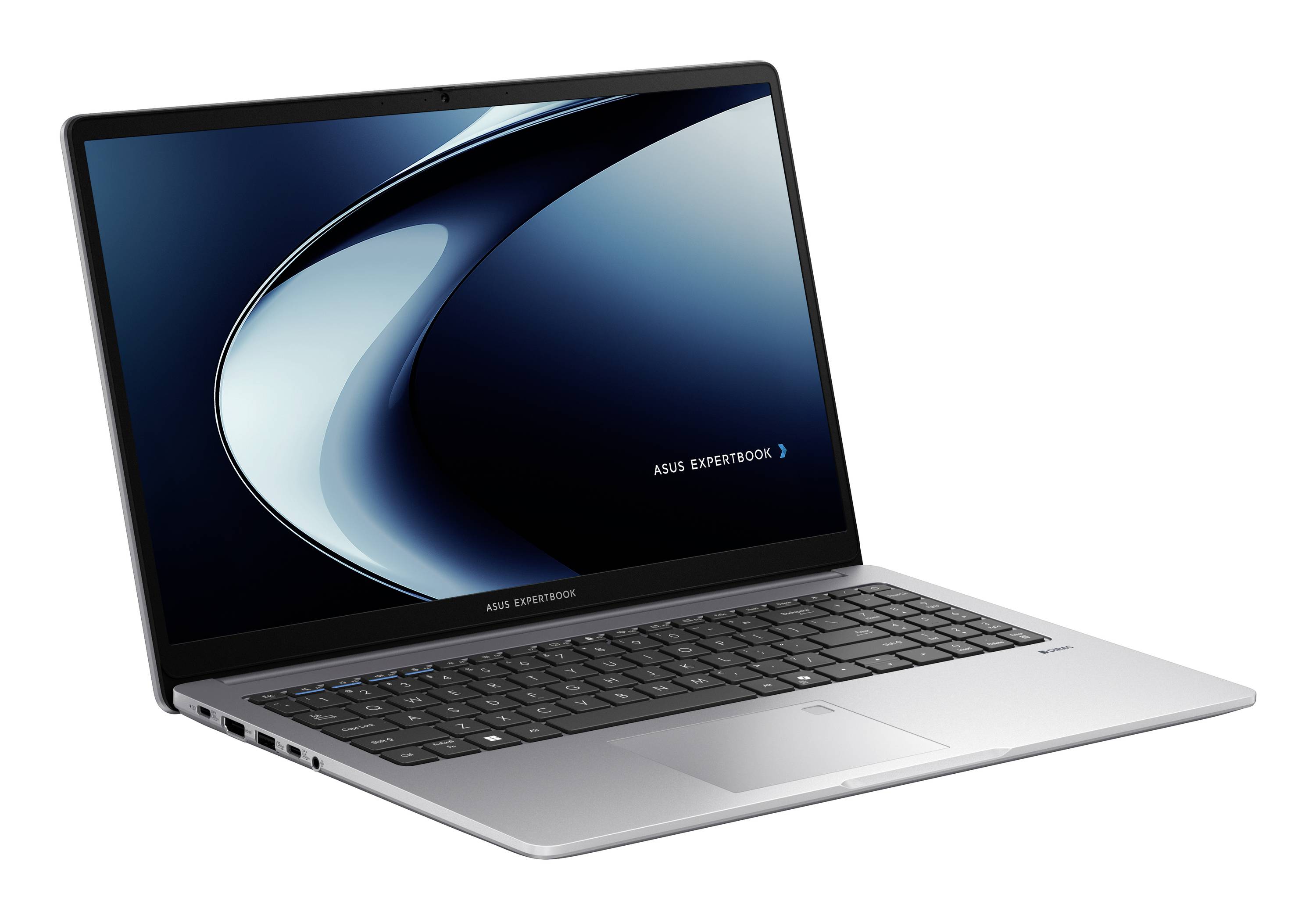 Silberner ASUS ExpertBook Laptop, offen, mit dunkelblauem abstraktem Hintergrundbild auf dem Bildschirm, in einem Winkel auf weißem Hintergrund dargestellt.