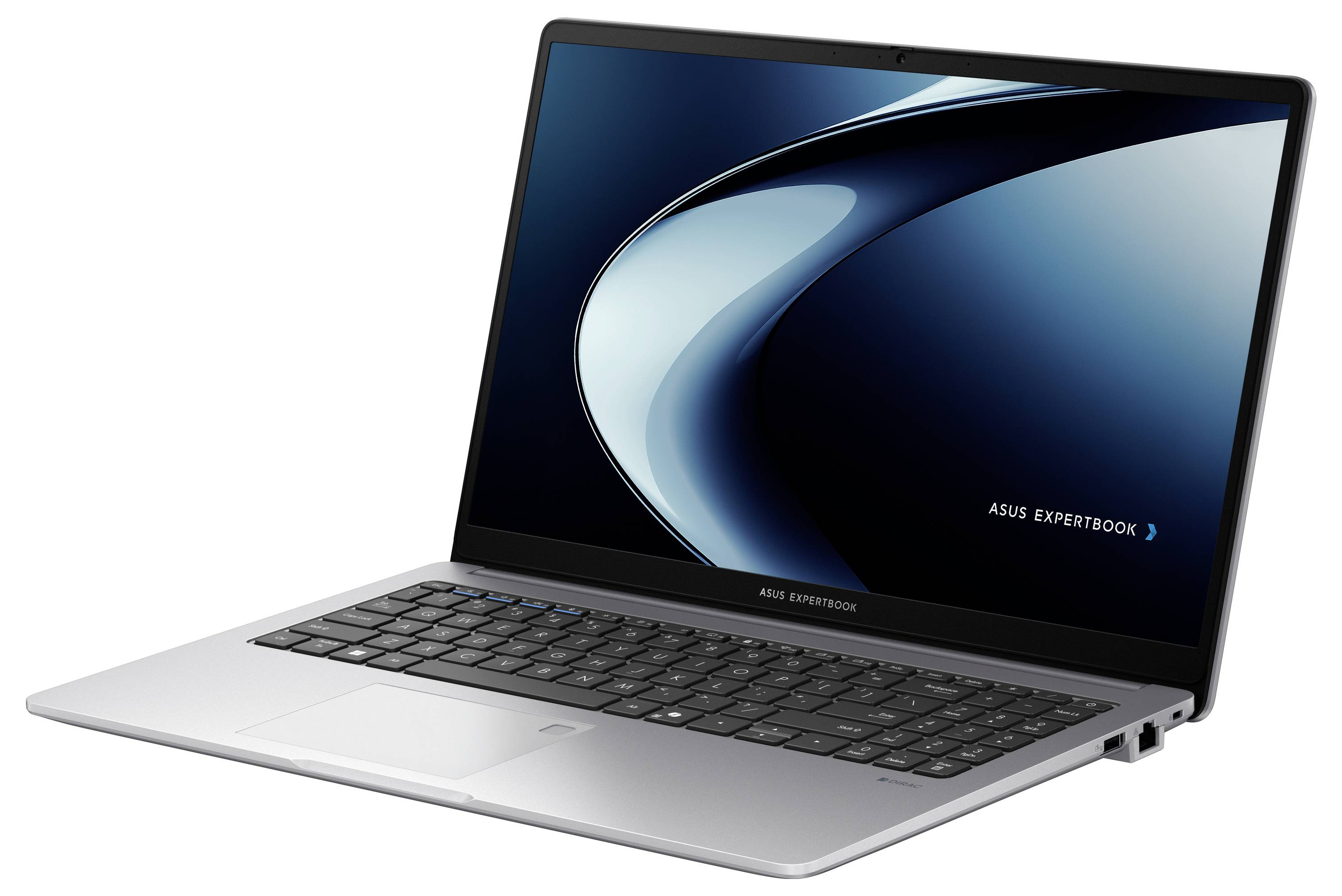 Ein Laptop mit einer silbernen Basis und schwarzer Tastatur, auf dem Bildschirm ein abstraktes blau-schwarzes Design angezeigt; als „ASUS ExpertBook" gekennzeichnet.