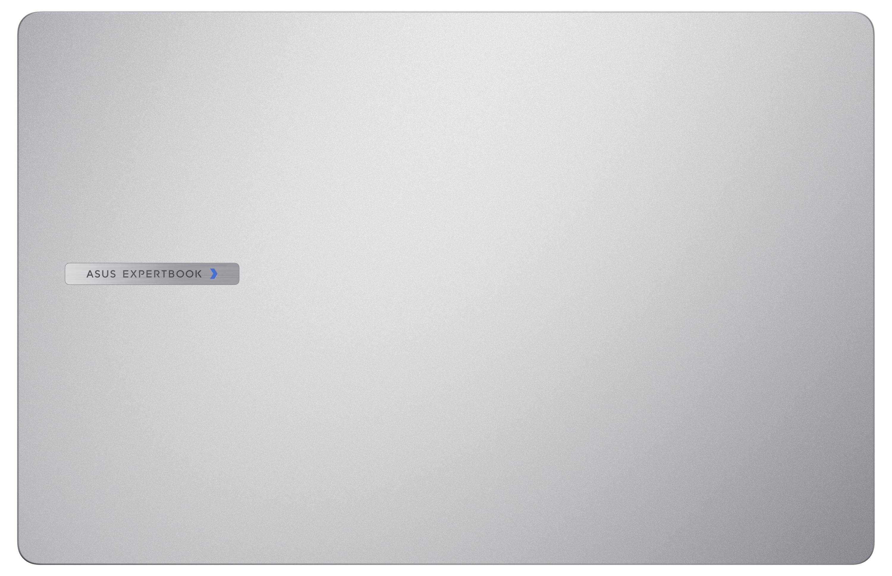 Silberner ASUS ExpertBook Laptop zugeklappt, das Markenlogo auf dem Deckel zeigend.