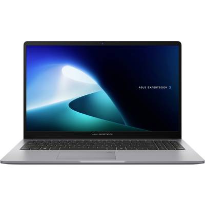 Ein eleganter Laptop mit abstraktem blauweißem Hintergrundbild auf dem Bildschirm. Die Tastatur ist sichtbar und zeigt ein schlankes und modernes Design.