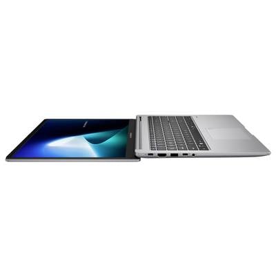 Schlanker silberner Laptop, teilweise seitlich aufgeklappt, mit großem Touchpad, vollständiger Tastatur und lebendigem Bildschirm.