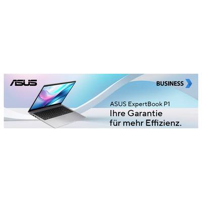 „ASUS ExpertBook P1" Laptop dargestellt mit dem Text „Ihre Garantie für mehr Effizienz." was erhöhte Effizienz für geschäftliche Nutzung anzeigt.