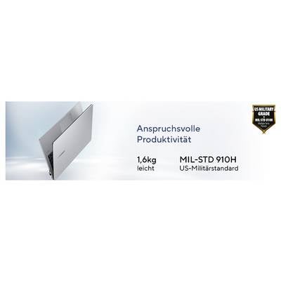 'Leicht und robust' Laptop-Werbung: 'Anspruchsvolle Produktivität', wiegt 1,6kg, erfüllt MIL-STD 810H Militärstandard.