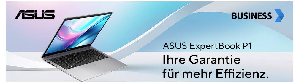 ASUS ExpertBook P1 Laptop-Aktion mit dem Text „Ihre Garantie für mehr Effizienz" und einem BUSINESS-Label.