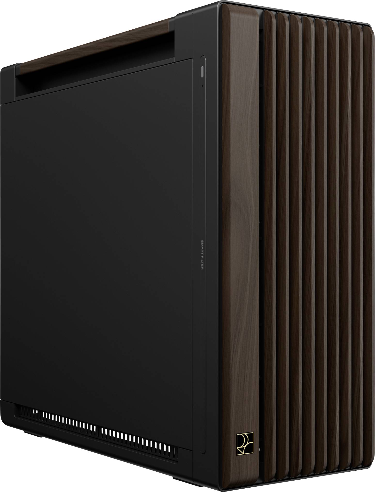 Ein schlanker, moderner Computer-Tower mit dunklem metallischem Finish und vertikaler Holzverkleidung auf einer Seite, mit minimalistischem Design.