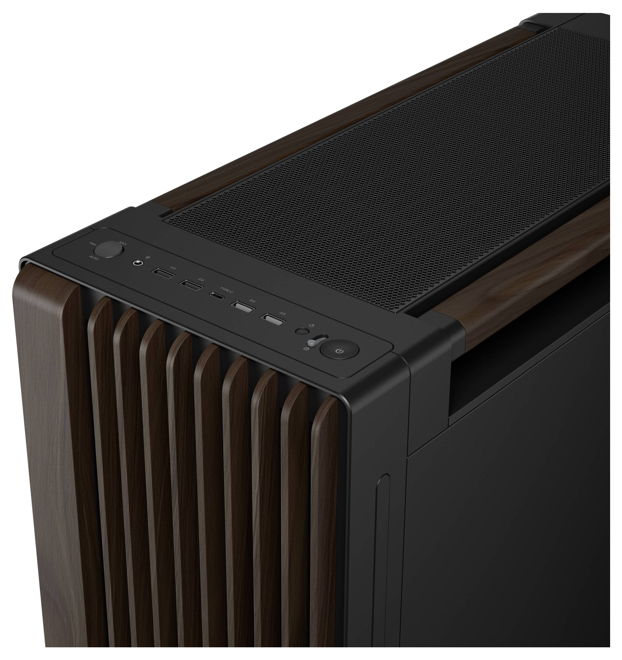 Ein elegantes schwarz-braunes Computergehäuse mit belüftetem Oberflächen-Panel und nach vorne gerichteten Steuerelementen, konzipiert für optimale Luftzirkulation und modernes Design.