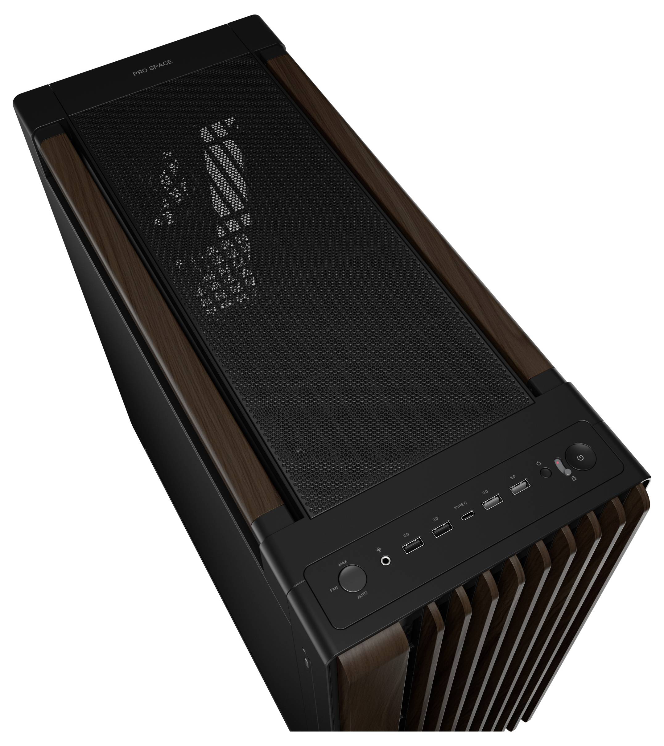 Ein Computergehäuse mit einem Mesh-Oberlüftungspanel zur Belüftung, USB-Anschlüssen und einem Netztaster auf der Vorderseite, das ein elegantes, modernes Design bietet.