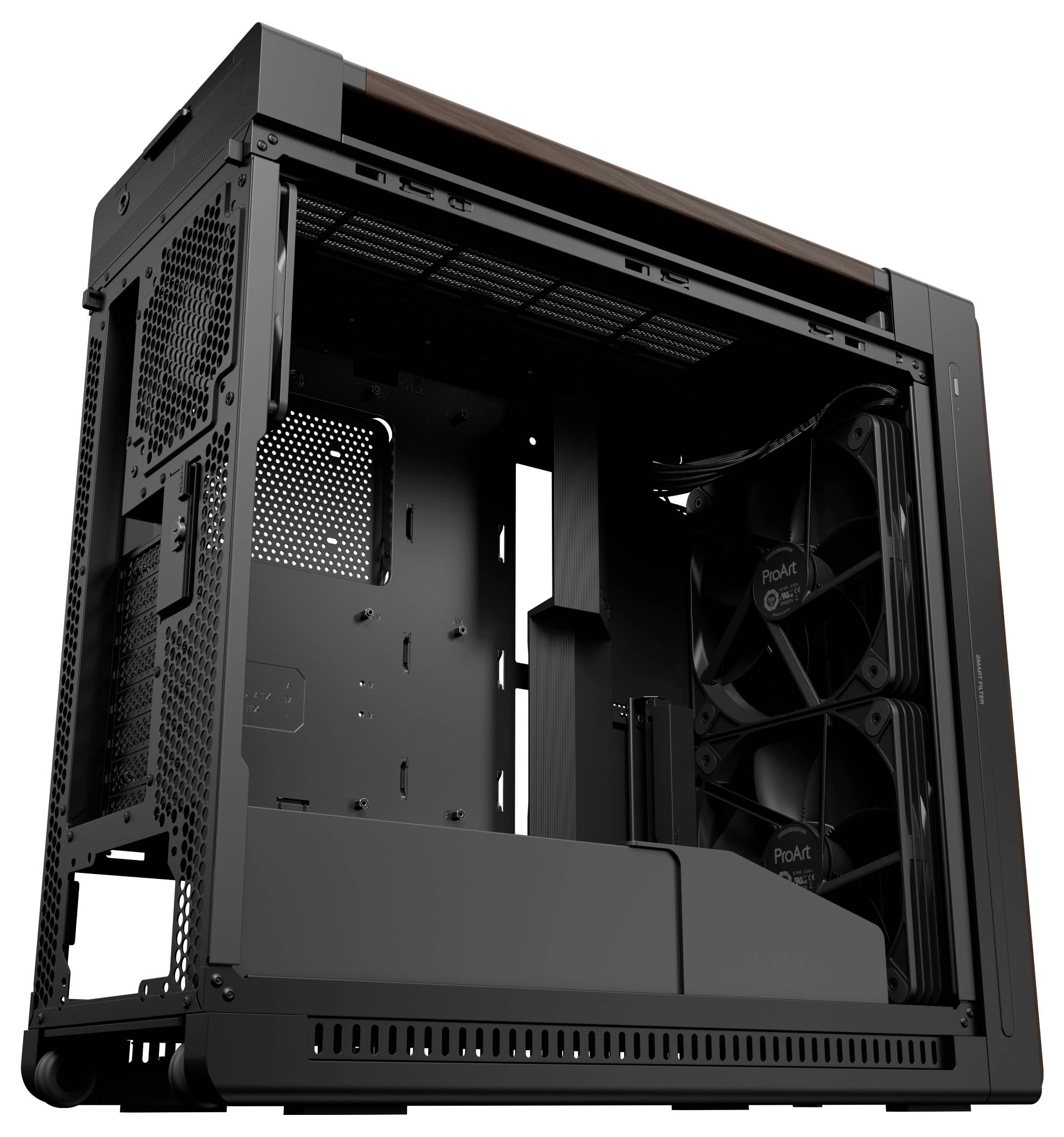 Ein schwarzes Computergehäuse ist abgebildet und zeigt eine offene Seite mit Kühlventilatoren und verschiedenen internen Montagefächern.