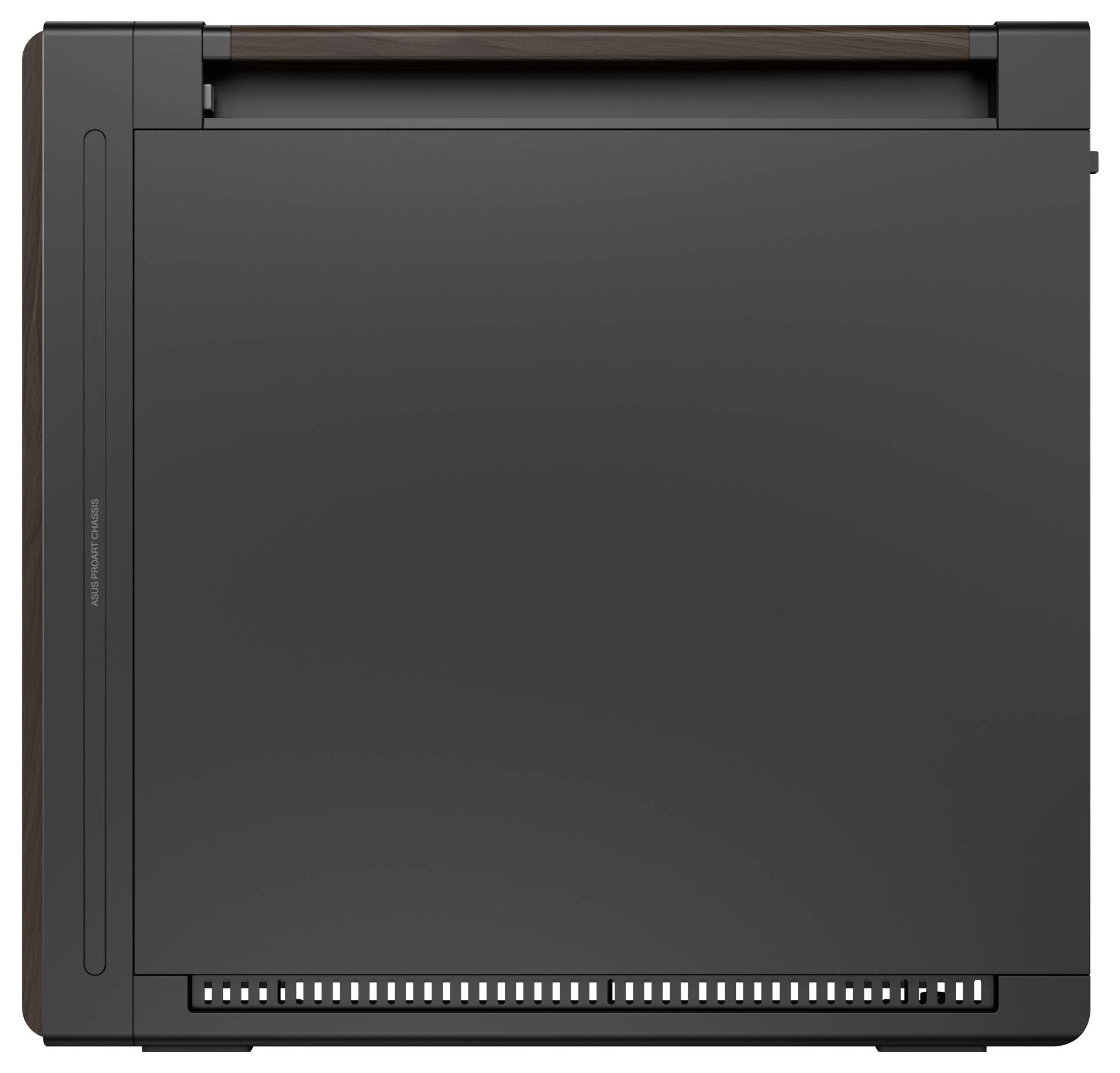 Ein schlankes, schwarzes elektronisches Gerät, möglicherweise ein Teil eines Computers oder Spielsystems, von der Seite betrachtet, mit einem minimalistischen Design.