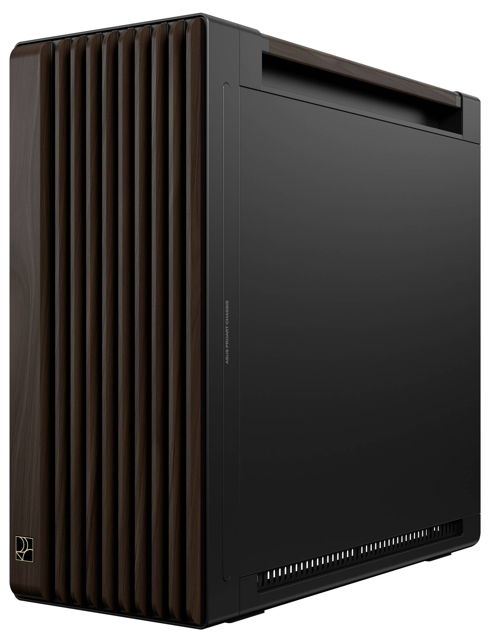 Ein eleganter, moderner Desktop-Computer mit minimalistische Designsprache, ausgestattet mit Holzmaserungsseitenpanelen und einer glattem schwarzem Finish.