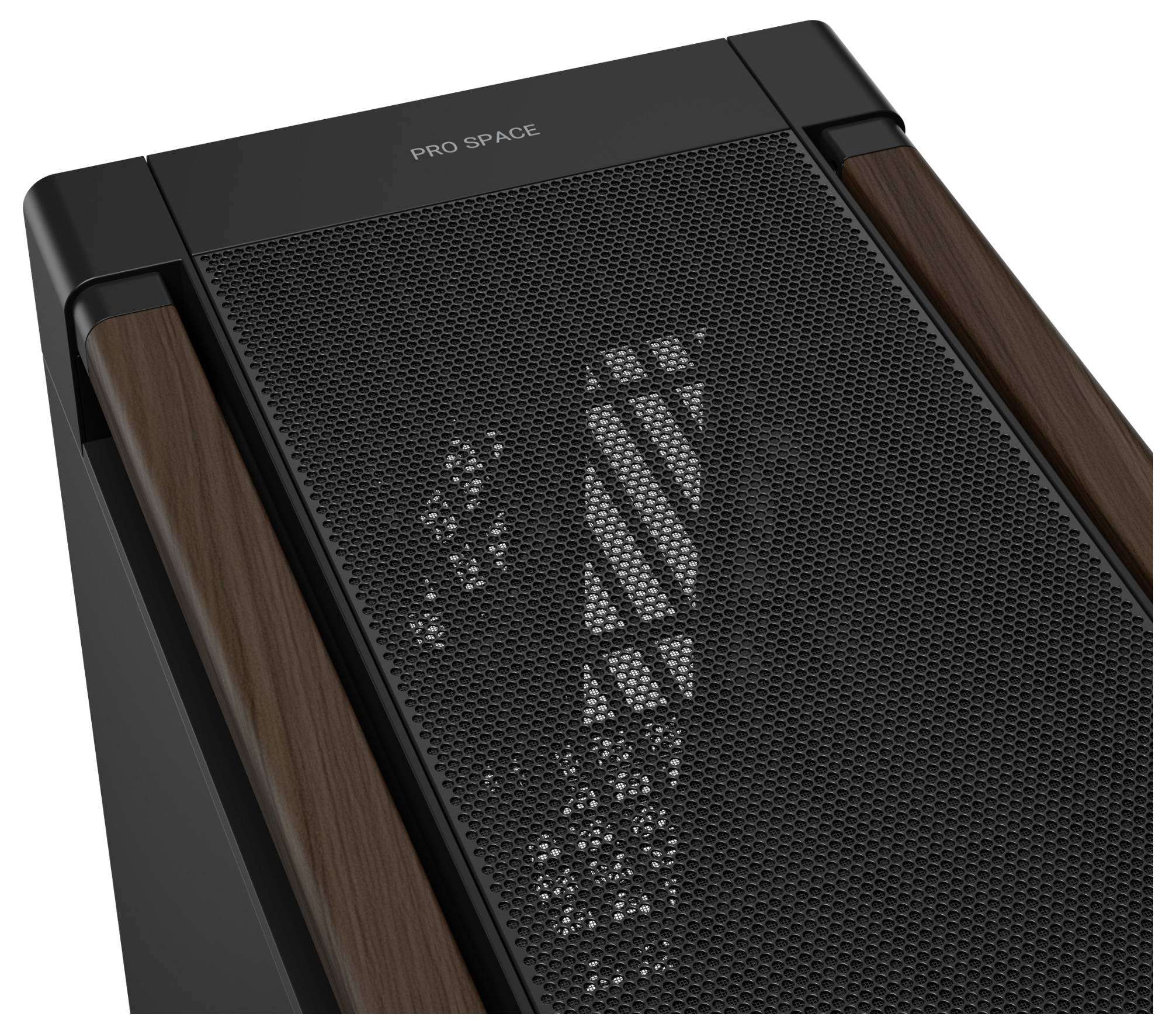 Nahaufnahme eines minimalistischen Lautsprechers mit schwarzem Design und Holzakzenten mit der Bezeichnung „Pro Space" und einem perforierten Metallgitter.