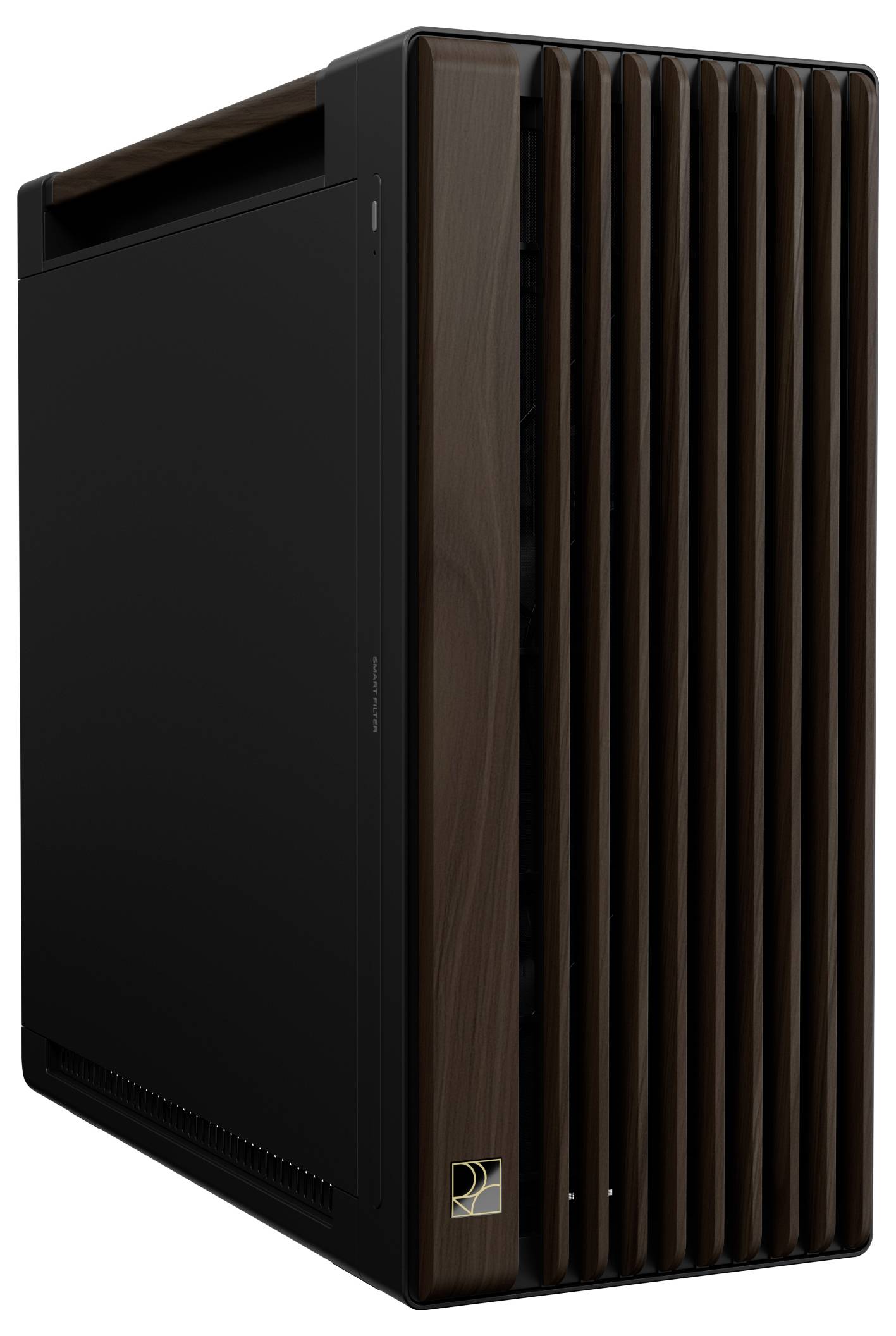 Ein schlanker, moderner, hoher schwarzer Computer-Turm mit einer Holzfront-Blende mit vertikalen Latten, geeignet für professionelle oder private Nutzung.