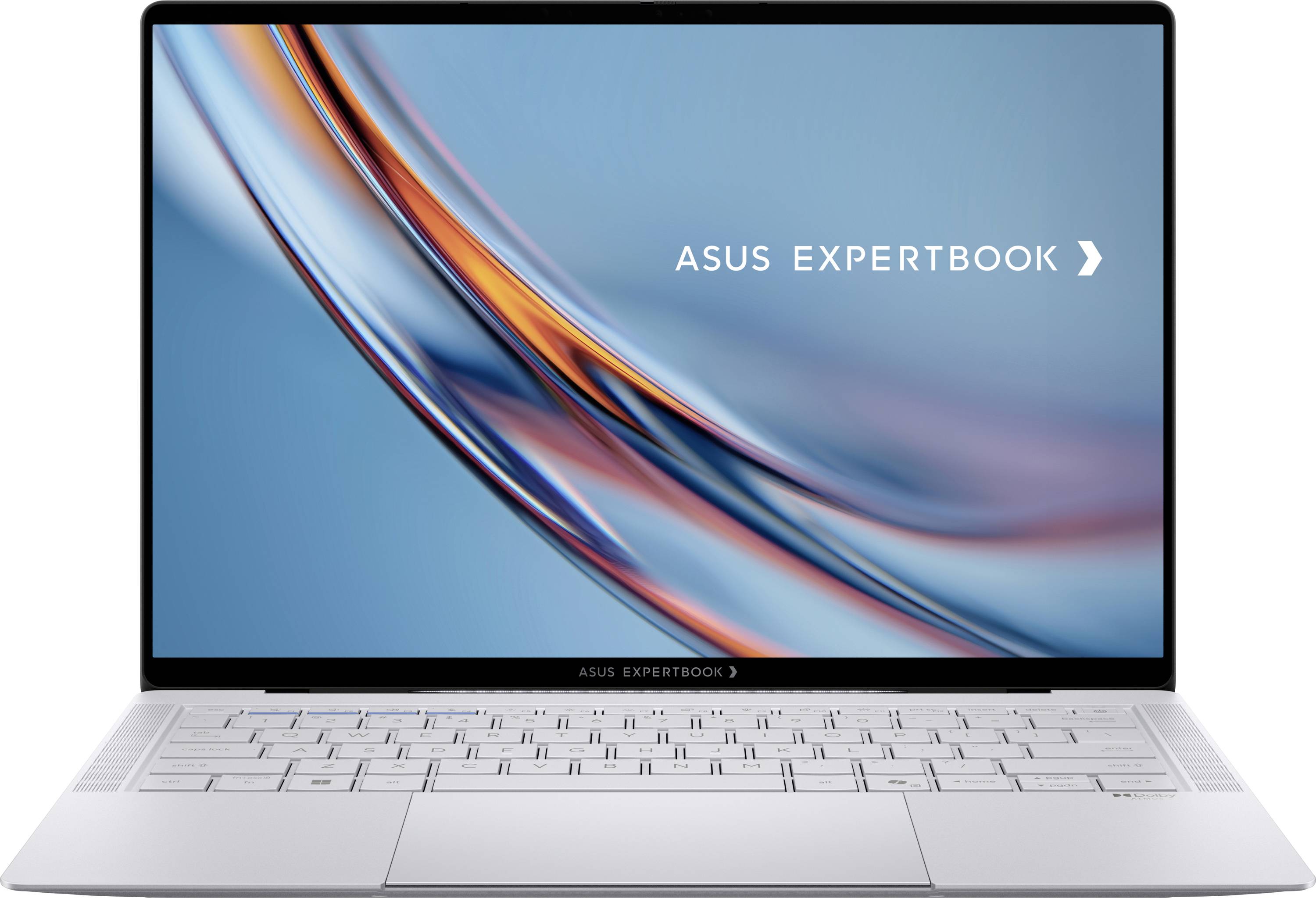 Ein eleganter, offener Laptop mit ASUS ExpertBook-Bildschirmanzeige, mit dünnem Rahmen und modernem, minimalistische Design.