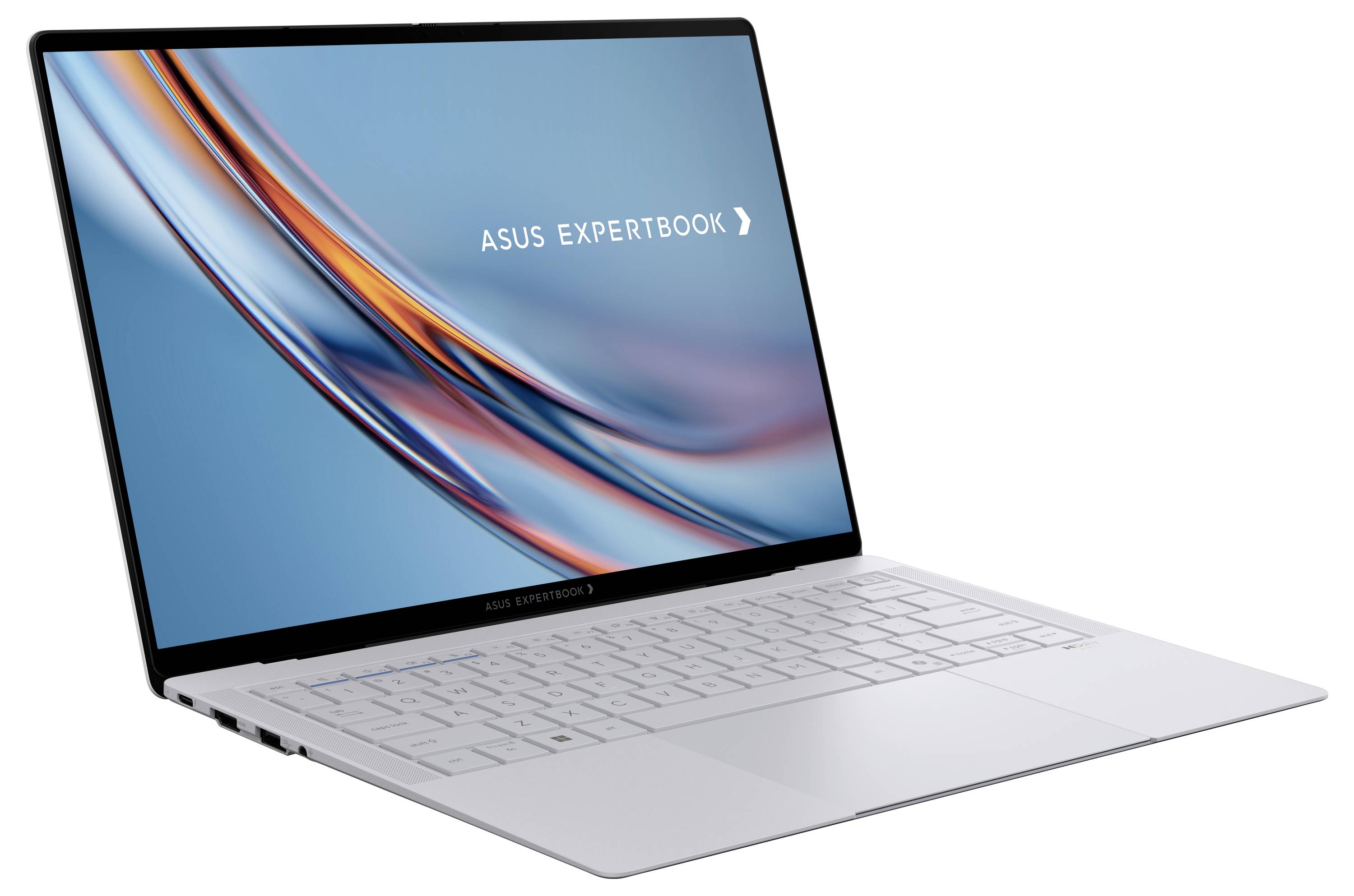 Silberner Laptop mit dünnen Displayrahmen, der ein blaues und orangefarbenes abstraktes Design und den Text „ASUS ExpertBook" auf dem Bildschirm anzeigt.