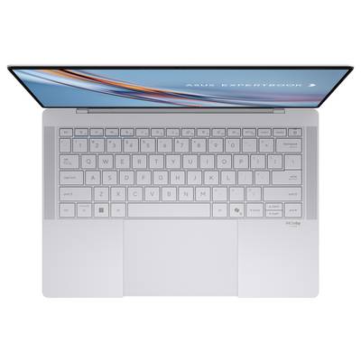 Ein silberner Laptop von oben betrachtet, mit einer vollständigen QWERTY-Tastatur und einem Trackpad, wobei der Bildschirm leicht geöffnet ist und "ASUS ExpertBook" anzeigt.